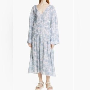 Vince Dahlia Floral Summer Dress Long Sleeve V Neck Women M Baby Blue White